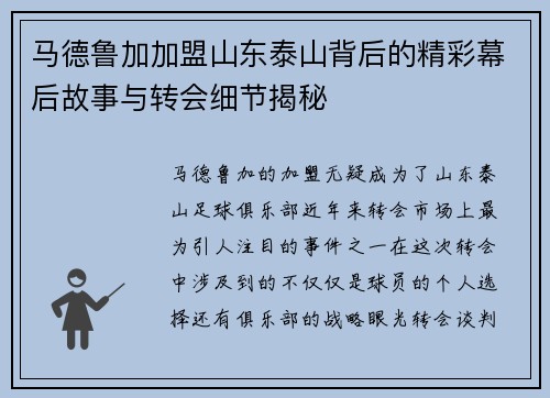 马德鲁加加盟山东泰山背后的精彩幕后故事与转会细节揭秘