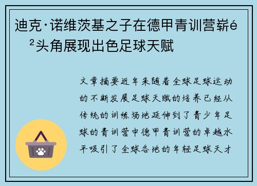 迪克·诺维茨基之子在德甲青训营崭露头角展现出色足球天赋