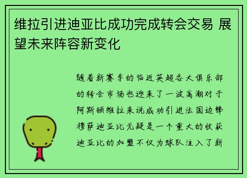 维拉引进迪亚比成功完成转会交易 展望未来阵容新变化 维拉引进迪亚比成功完成转会交易 展望未来阵容新变化