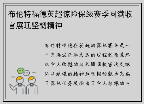 布伦特福德英超惊险保级赛季圆满收官展现坚韧精神